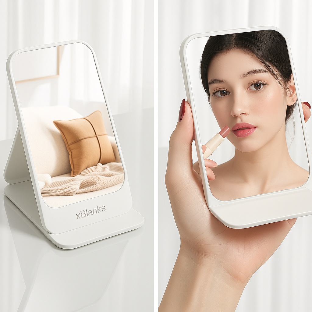 Mirror with cover and leather stand, customizable by laser